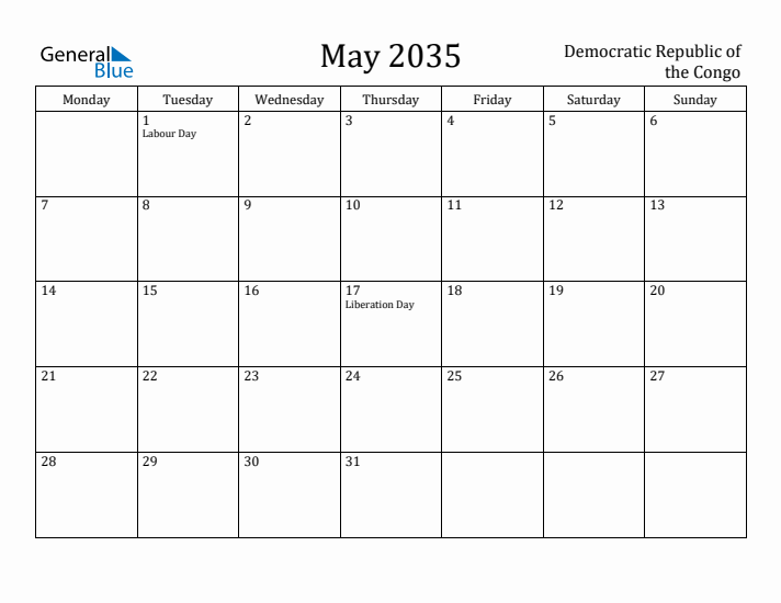 May 2035 Calendar Democratic Republic of the Congo