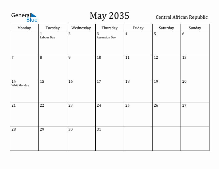 May 2035 Calendar Central African Republic