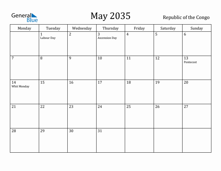 May 2035 Calendar Republic of the Congo