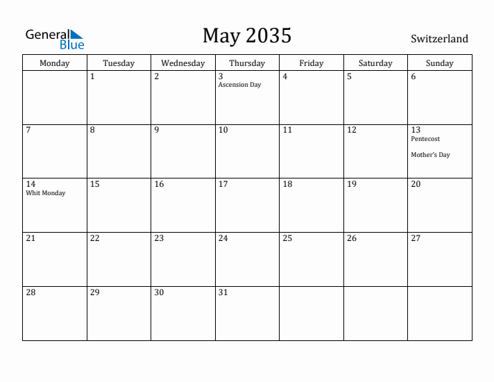May 2035 Calendar Switzerland