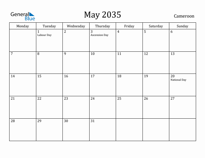 May 2035 Calendar Cameroon