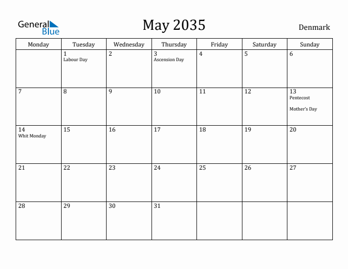 May 2035 Calendar Denmark