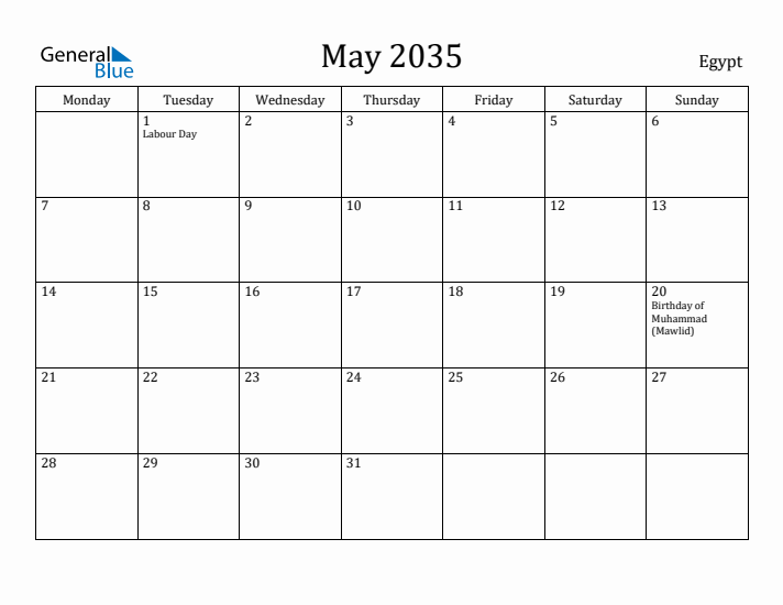 May 2035 Calendar Egypt