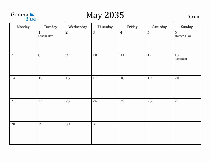 May 2035 Calendar Spain