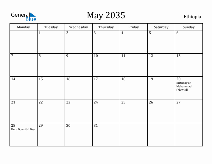 May 2035 Calendar Ethiopia