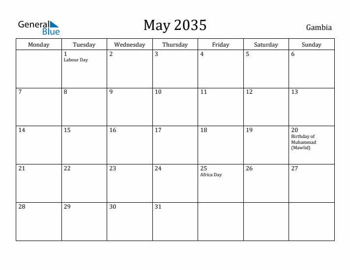 May 2035 Calendar Gambia