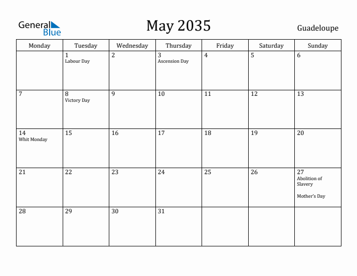 May 2035 Calendar Guadeloupe