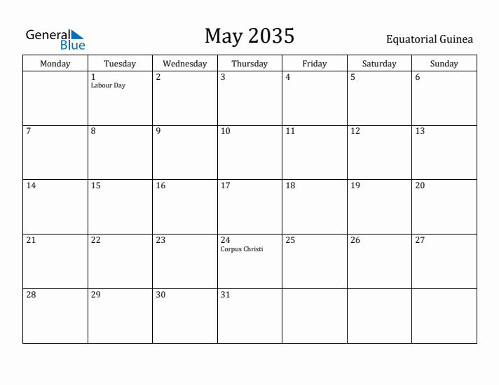 May 2035 Calendar Equatorial Guinea