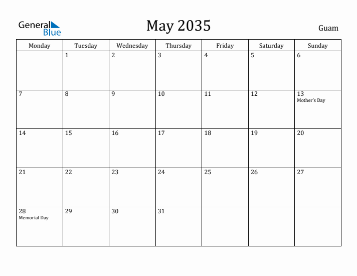 May 2035 Calendar Guam