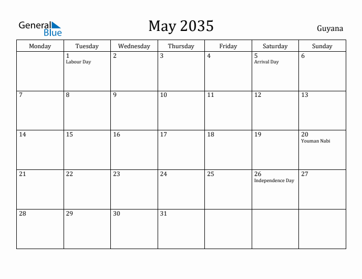 May 2035 Calendar Guyana