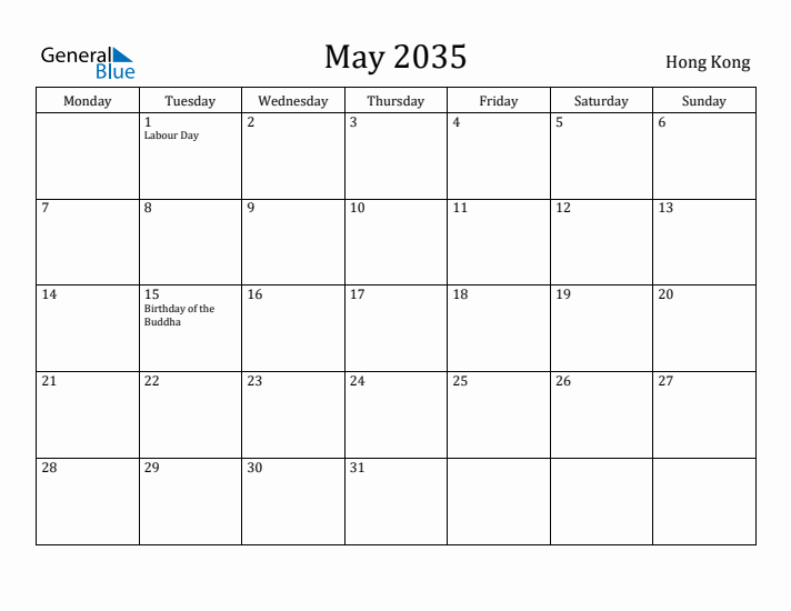 May 2035 Calendar Hong Kong