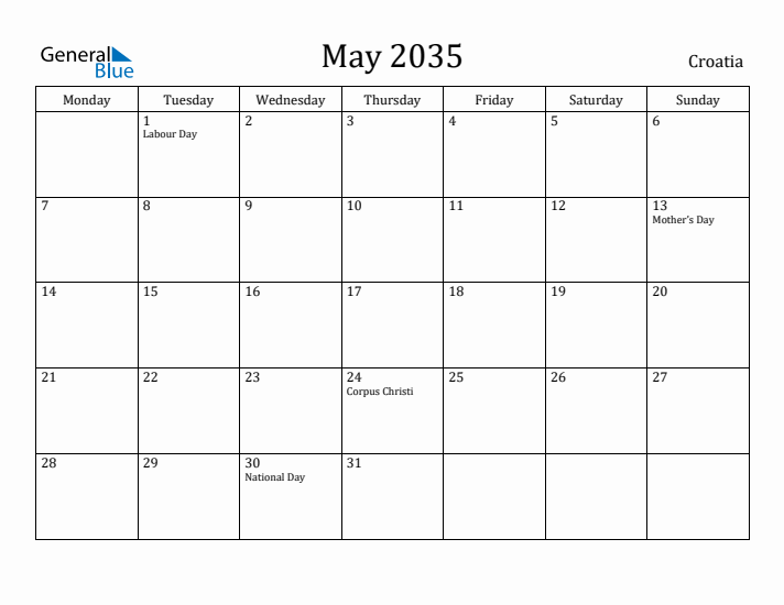 May 2035 Calendar Croatia