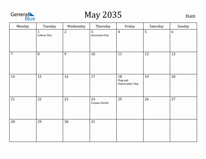 May 2035 Calendar Haiti