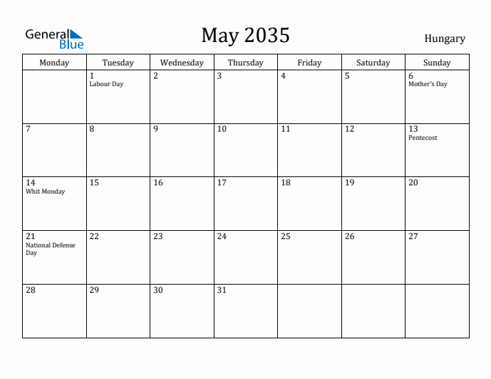 May 2035 Calendar Hungary