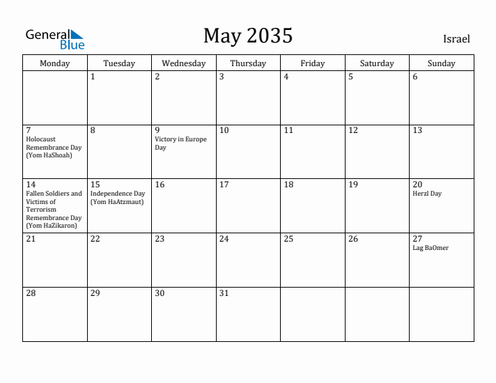 May 2035 Calendar Israel