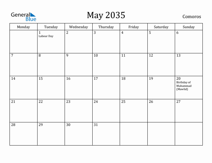 May 2035 Calendar Comoros