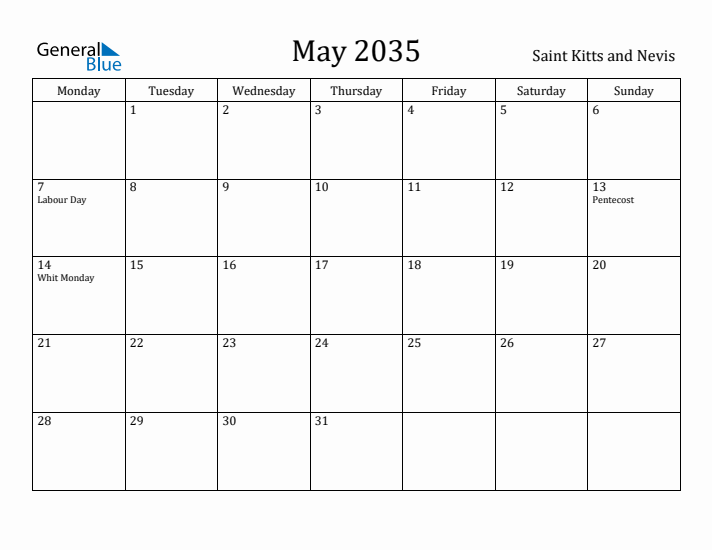 May 2035 Calendar Saint Kitts and Nevis