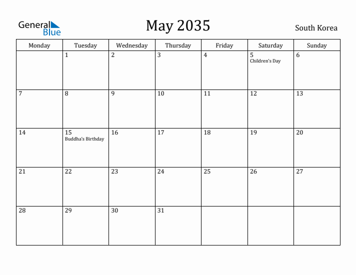 May 2035 Calendar South Korea