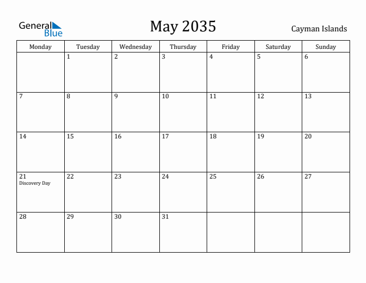 May 2035 Calendar Cayman Islands