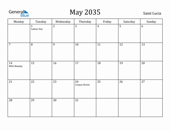 May 2035 Calendar Saint Lucia