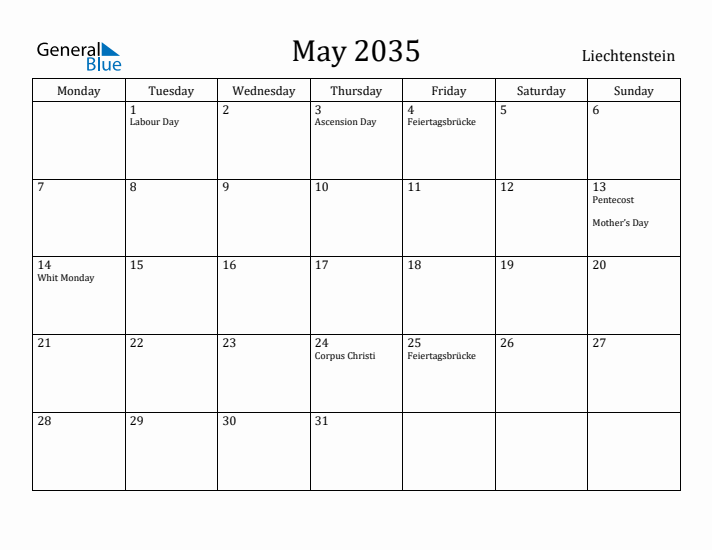 May 2035 Calendar Liechtenstein