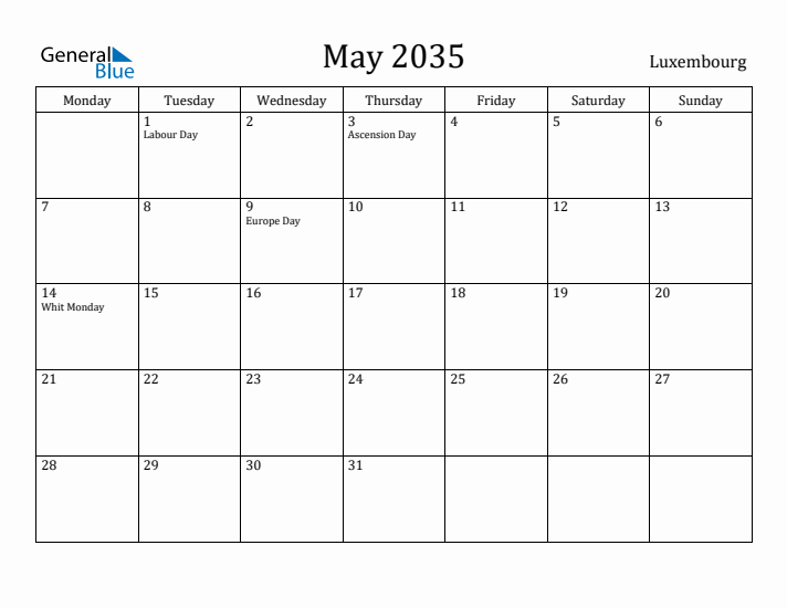 May 2035 Calendar Luxembourg