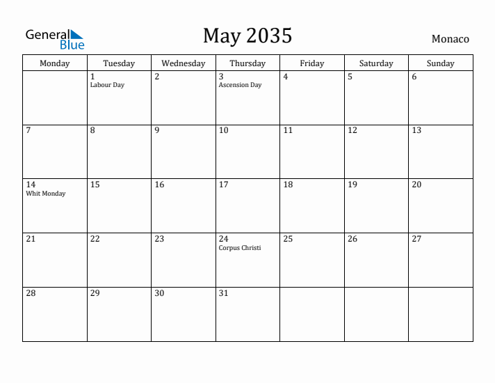 May 2035 Calendar Monaco