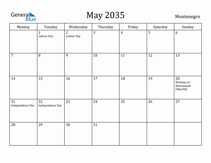 May 2035 Calendar Montenegro