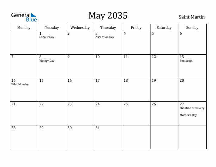 May 2035 Calendar Saint Martin