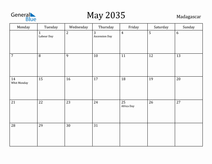 May 2035 Calendar Madagascar