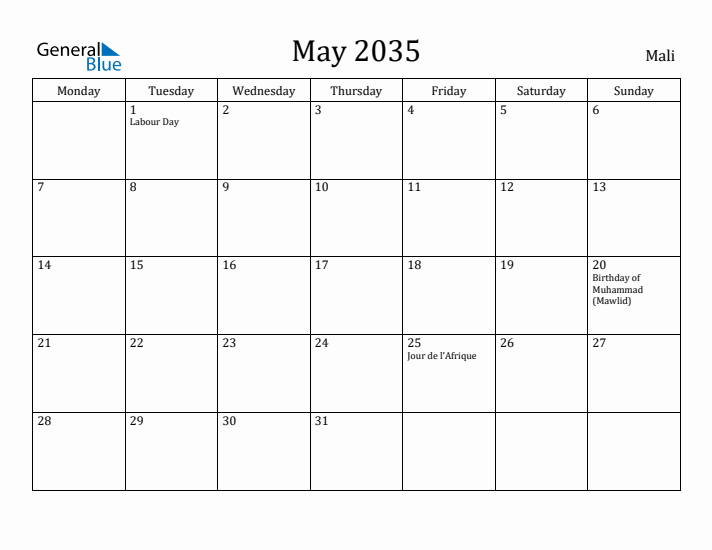 May 2035 Calendar Mali