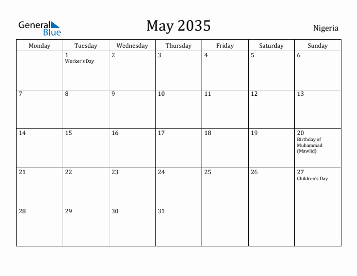 May 2035 Calendar Nigeria