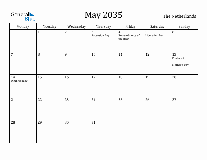 May 2035 Calendar The Netherlands