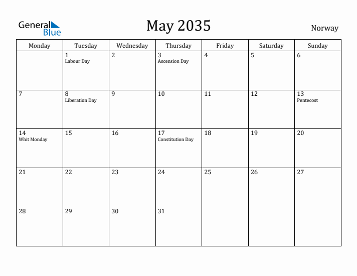 May 2035 Calendar Norway