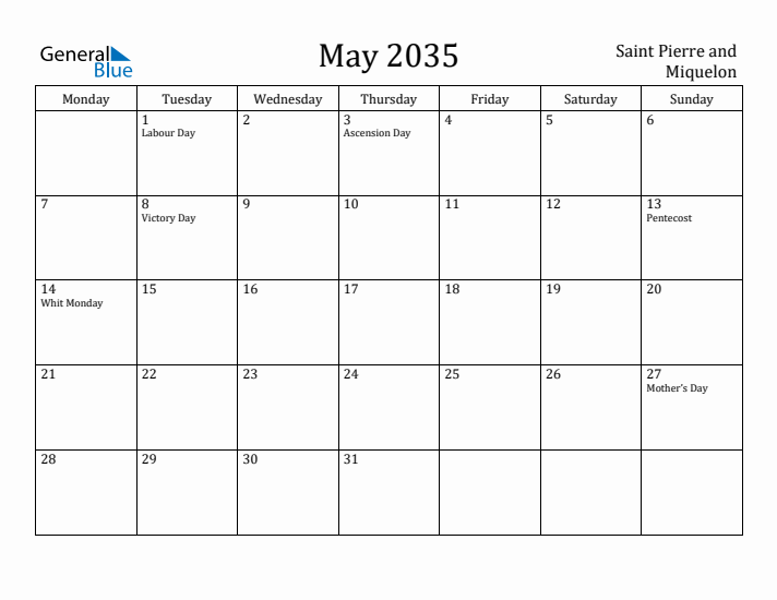 May 2035 Calendar Saint Pierre and Miquelon