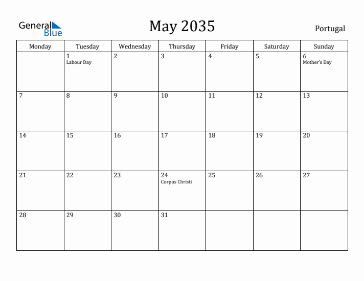May 2035 Calendar Portugal