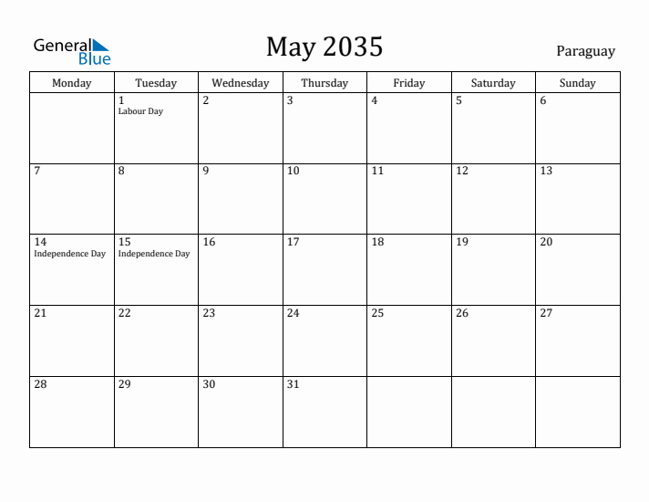 May 2035 Calendar Paraguay