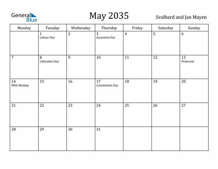 May 2035 Calendar Svalbard and Jan Mayen