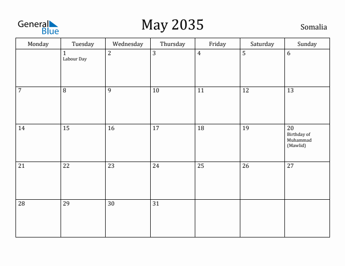 May 2035 Calendar Somalia