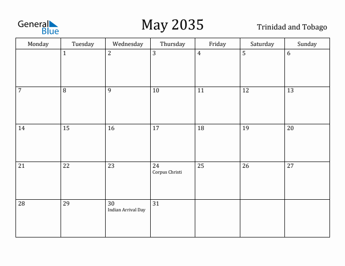 May 2035 Calendar Trinidad and Tobago
