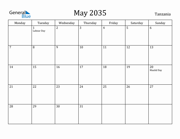 May 2035 Calendar Tanzania