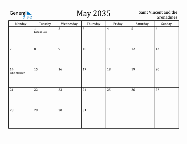 May 2035 Calendar Saint Vincent and the Grenadines