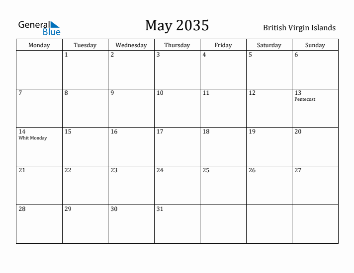 May 2035 Calendar British Virgin Islands