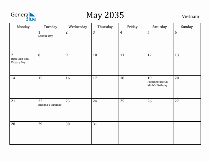 May 2035 Calendar Vietnam