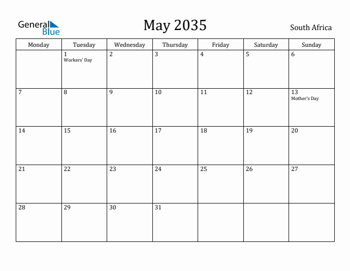 May 2035 Calendar South Africa