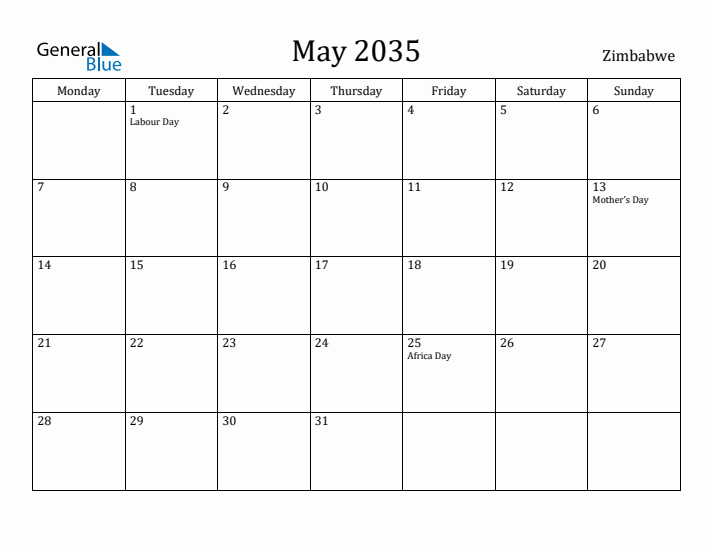 May 2035 Calendar Zimbabwe