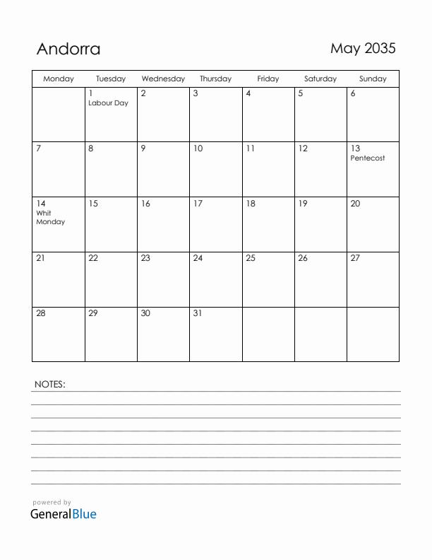 May 2035 Andorra Calendar with Holidays (Monday Start)