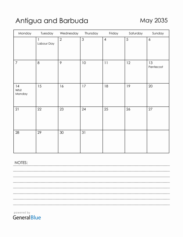 May 2035 Antigua and Barbuda Calendar with Holidays (Monday Start)