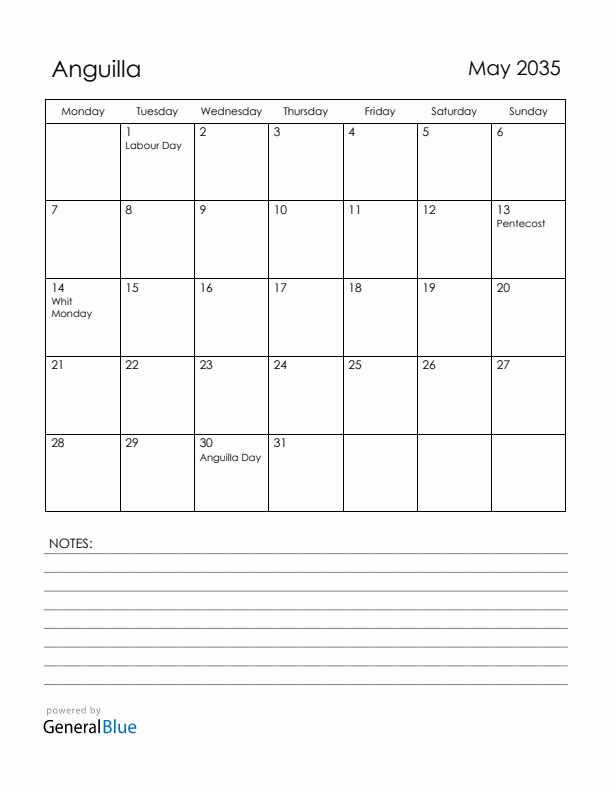 May 2035 Anguilla Calendar with Holidays (Monday Start)