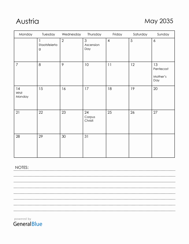 May 2035 Austria Calendar with Holidays (Monday Start)